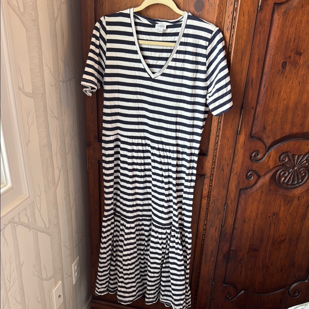 J. Crew Navy and White Striped Tiered Maxi Dress